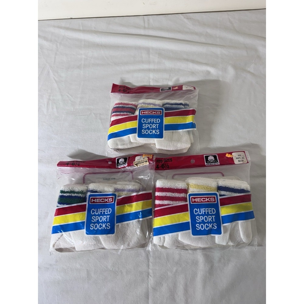 Vintage Hecks Cuffed Sport Socks Kids 4-6.5 Cotton Blend Made In USA Lot of 3
